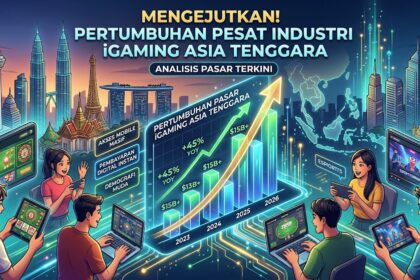 Ilustrasi grafis yang menunjukkan tren pertumbuhan industri iGaming di Asia Tenggara, menampilkan grafik finansial yang menanjak, pemain usia muda dengan akses seluler, dan peta digital kawasan ASEAN.
