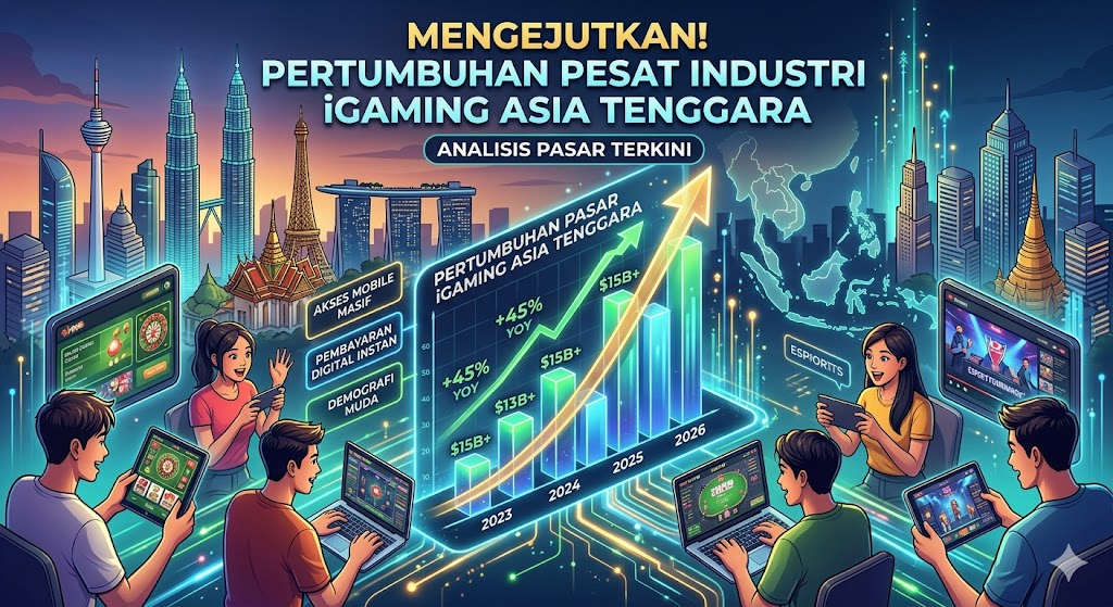 Ilustrasi grafis yang menunjukkan tren pertumbuhan industri iGaming di Asia Tenggara, menampilkan grafik finansial yang menanjak, pemain usia muda dengan akses seluler, dan peta digital kawasan ASEAN.