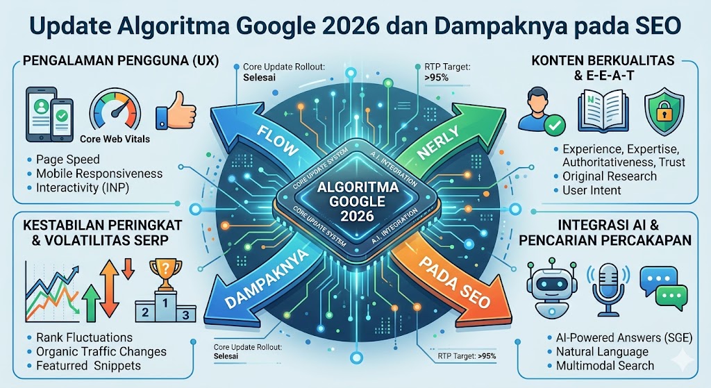 Infografis teknis tentang Update Algoritma Google 2026, menampilkan chip prosesor pusat yang mengalirkan data ke empat pilar utama SEO: Pengalaman Pengguna (UX), Konten Berkualitas & E-E-A-T, Kestabilan Peringkat & Volatilitas SERP, serta Integrasi AI & Pencarian Percakapan.